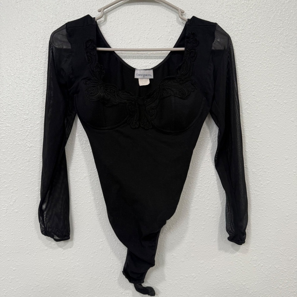 Carol Malony Womens Black Mesh Long Sleeve Embroidered Underwire Bodysuit‎ Small